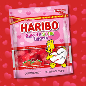 Needzo chewy sweet-sour heart gummies with festive color and flavor.