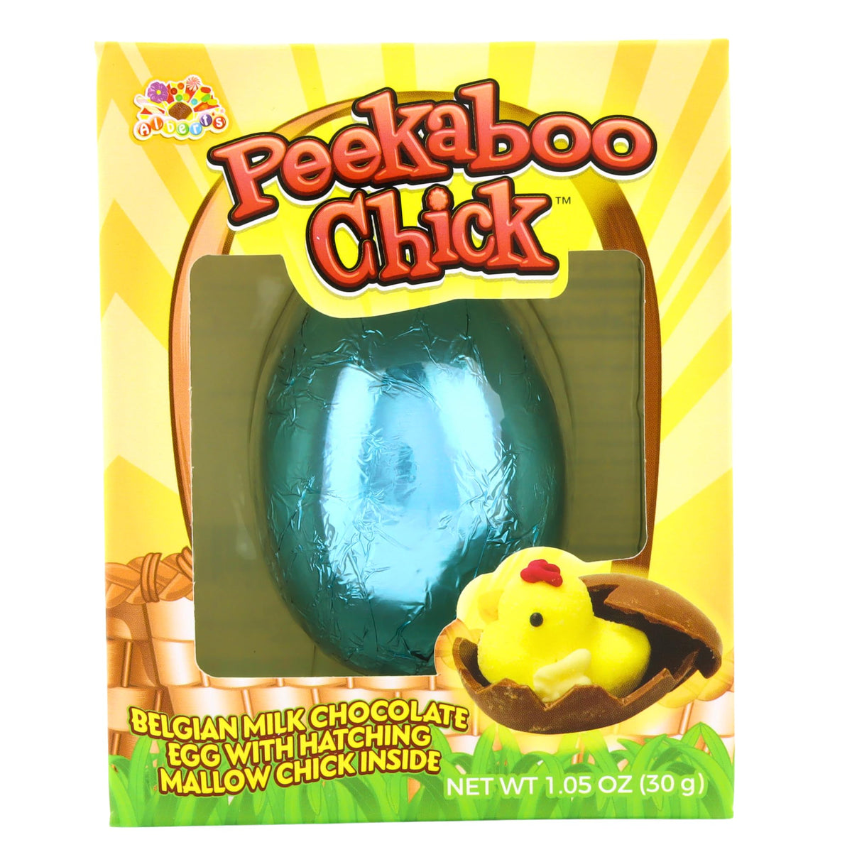 Needzo Hollow chocolate egg reveals marshmallow chick surprise.