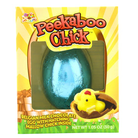 Needzo Hollow chocolate egg reveals marshmallow chick surprise.