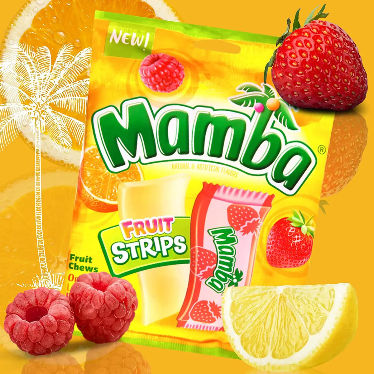 Needzo Mamba fruit strips bag displays bright colors for shareable, on-the-go snacking.