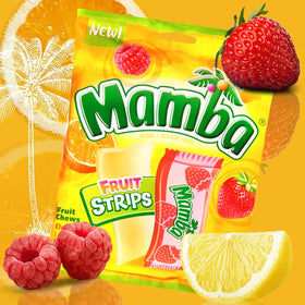Needzo Mamba fruit strips bag displays bright colors for shareable, on-the-go snacking.