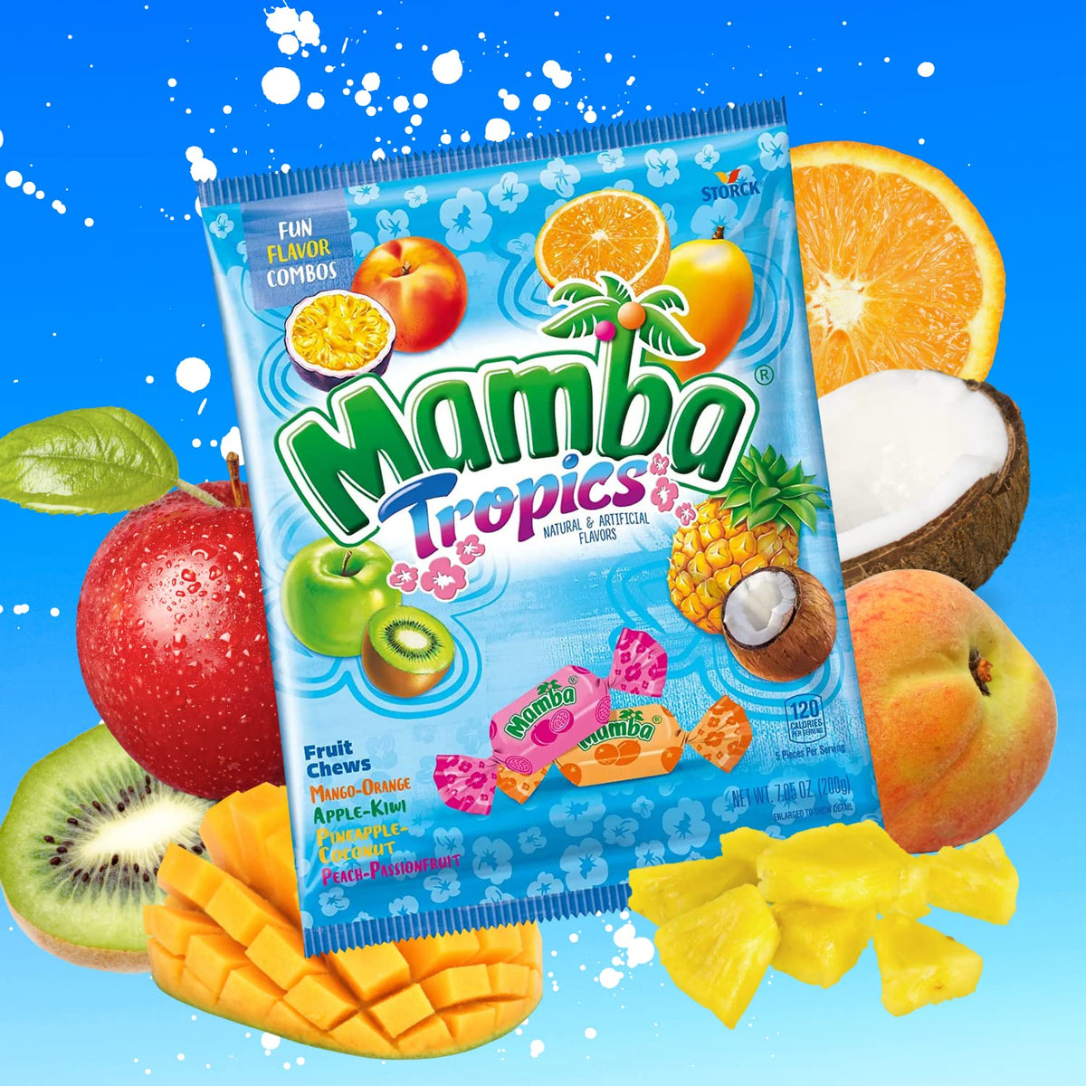 Needzo Mamba tropical chews close-up shows vibrant fruit flavors in a convenient, individually wrapped treat.