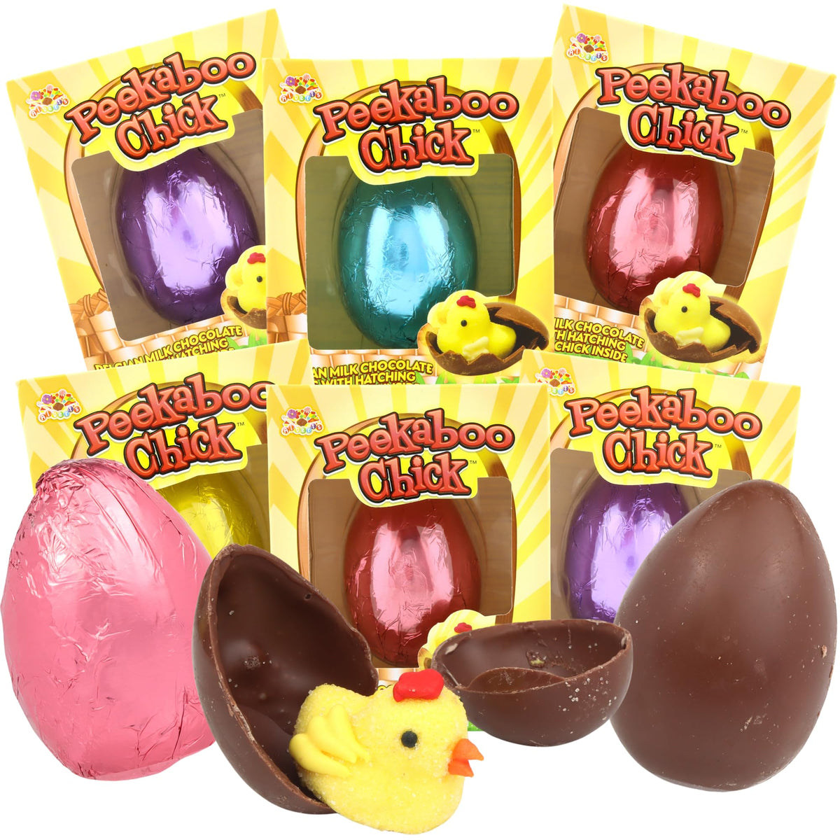 Needzo Peekaboo Chick egg foil-wrap with Belgian milk chocolate for Easter gifting.