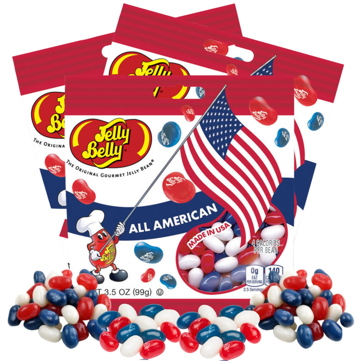 Needzo red white blue jelly beans pack for festive gatherings.