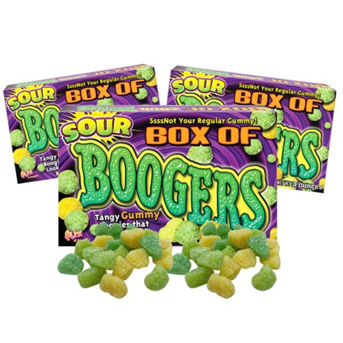 Needzo Sour Box of Booger Gummies three pack front view for party sharing