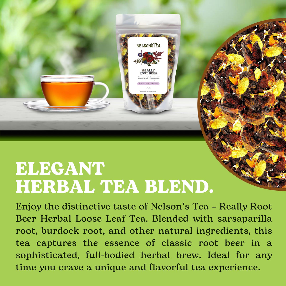 Nelson's Tea Really Root Beer ingredients showcase sarsaparilla, burdock, and ginger.