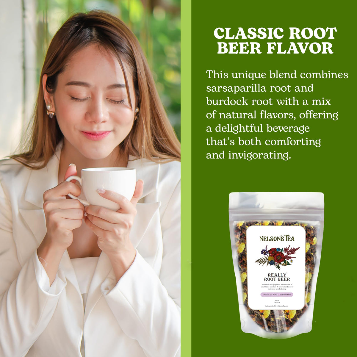 Nelson's Tea Really Root Beer loose leaf presentation emphasizes quality and care.