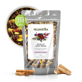 Nelson's Tea Really Root Beer packaging highlights caffeine-free blend and artisanal craft.