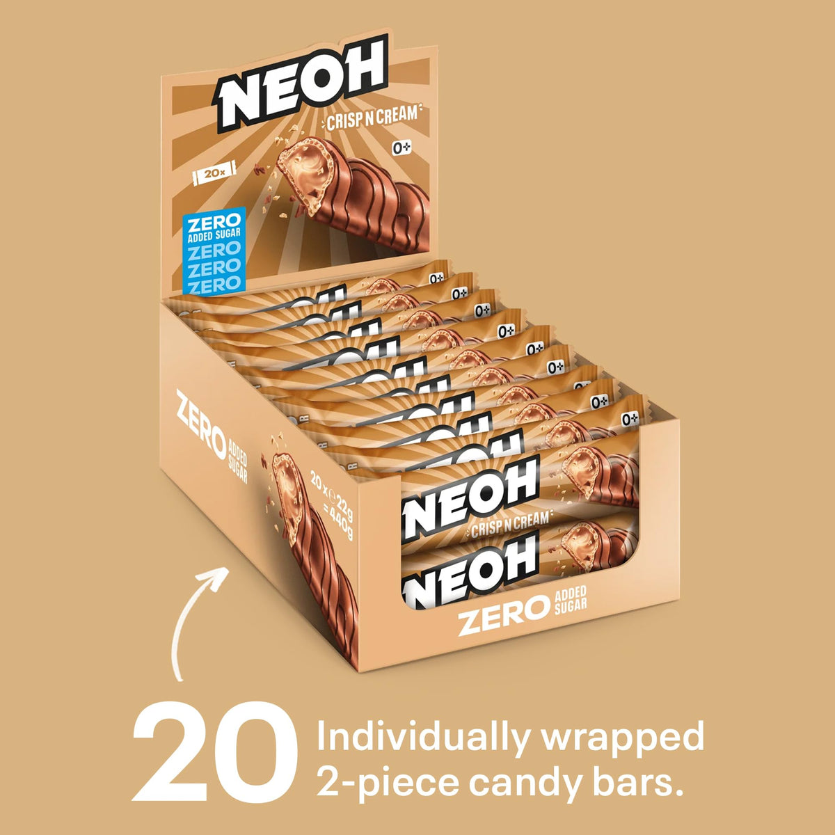 NEOH CRISP N CREAM bar close-up of glossy chocolate coating.