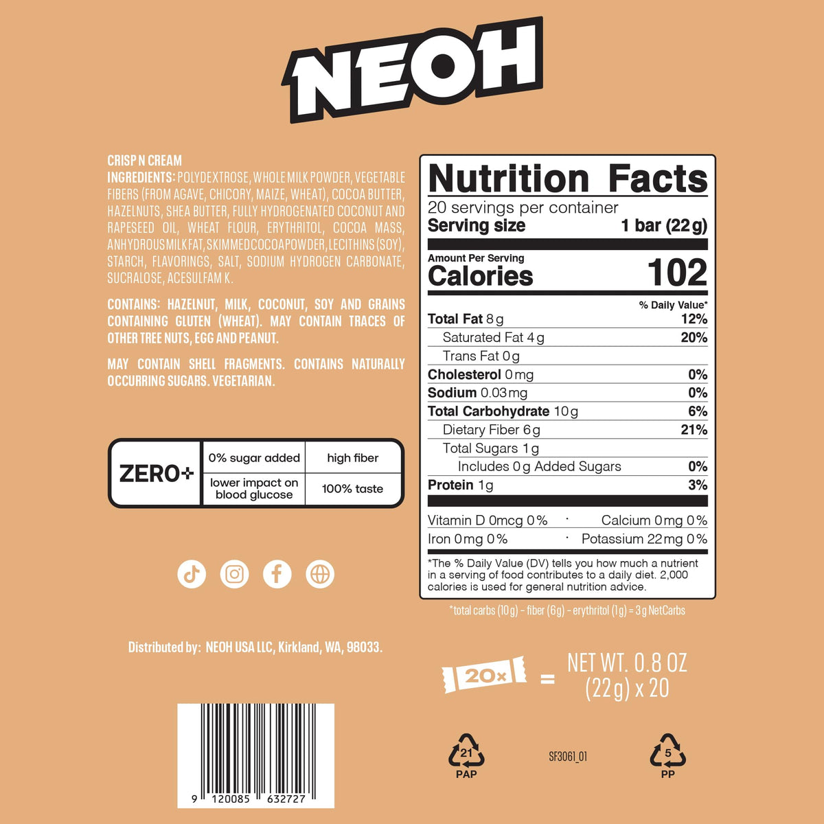 NEOH CRISP N CREAM bar beside coffee for a quick break.