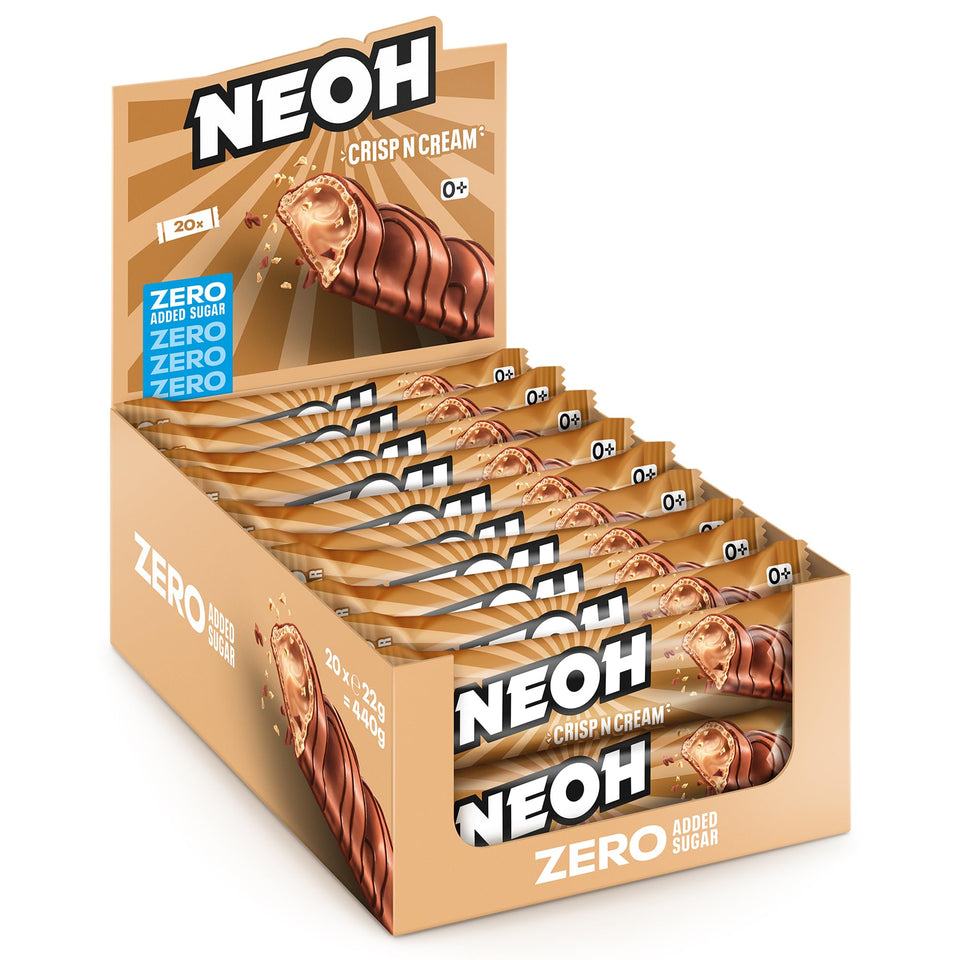 NEOH CRISP N CREAM bar unwrapped, grab-and-go chocolate-coated snack.
