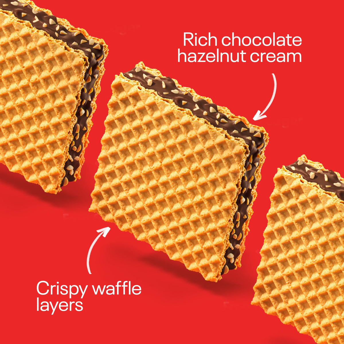 NEOH Hazelnut Cream filled waffle square close-up highlighting chocolate hazelnut filling