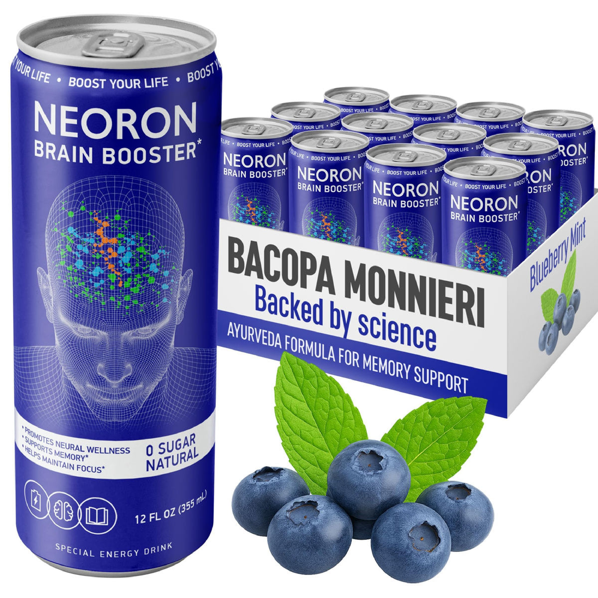 NEORON Focus + Calm bottle label with sugar-free brain-boosting formula for daily focus.