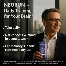 NEORON Focus + Calm 12-pack pack shot emphasizing sugar-free, clean energy for busy days.