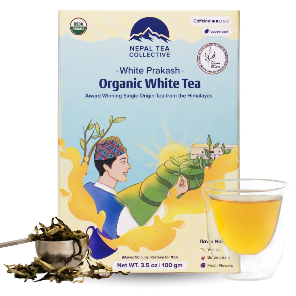 Nepal Tea White Prakash loose leaves in a basket, premium quality for a delicate cup