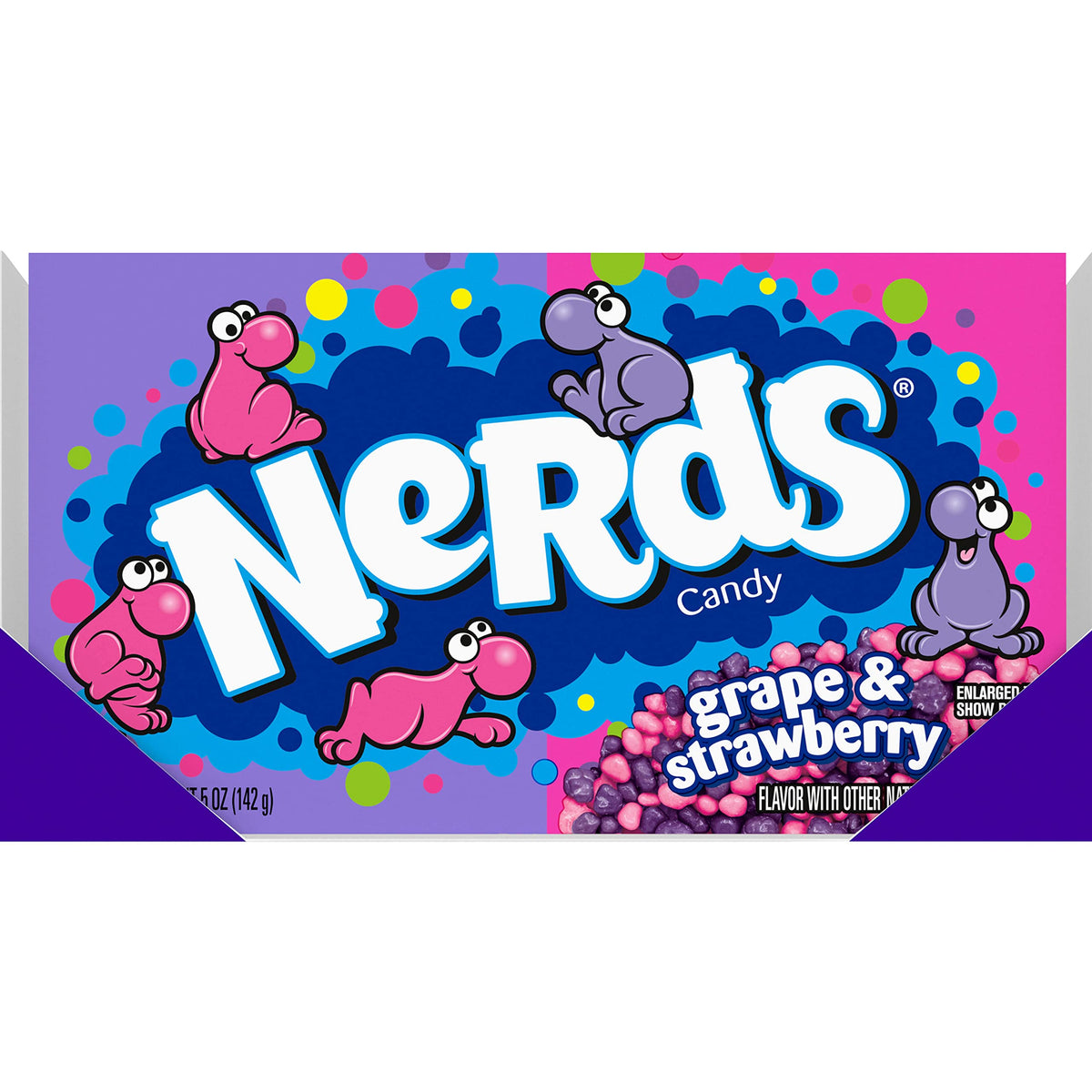Nerds Grape & Strawberry 5-ounce box displays bright colors for snacking.