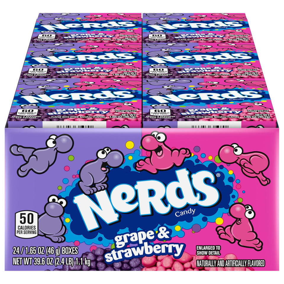 Nerds Grape & Strawberry dual-chambers box displaying two flavors for mix-and-match snacking.
