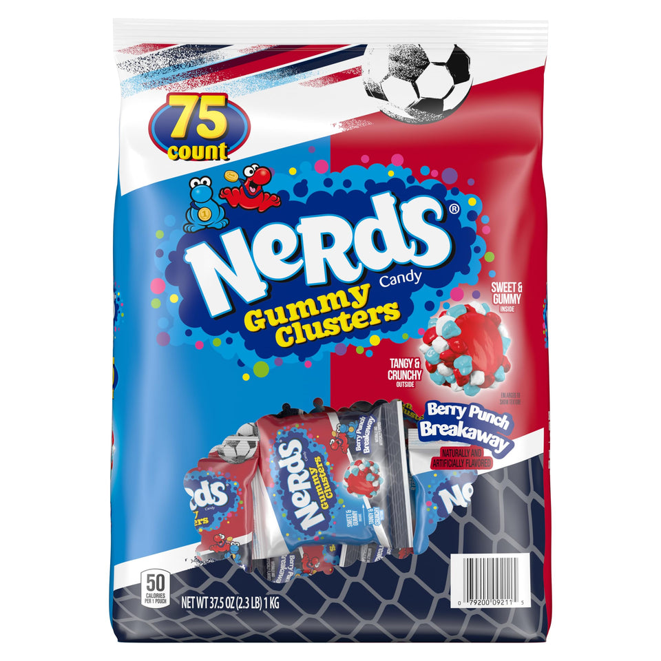 Nerds Gummy Clusters Berry Punch Breakaway jar shows colorful pieces, ideal for party snacking.