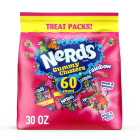 NERDS Gummy Clusters rainbow pack 30oz shows colorful bite-sized candy ideal for sharing.