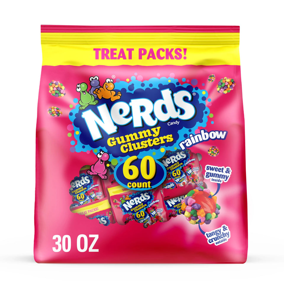 NERDS Gummy Clusters rainbow pack 30oz shows colorful bite-sized candy ideal for sharing.