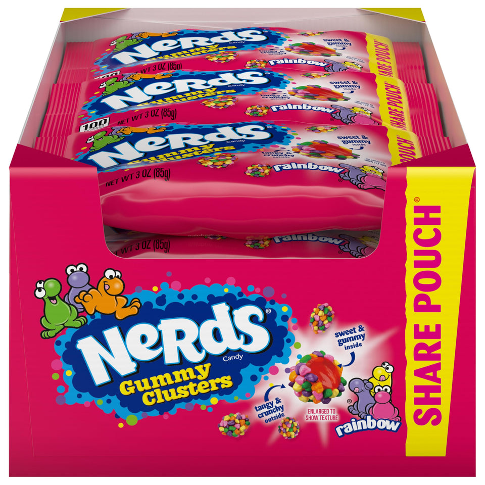 NERDS Gummy Clusters rainbow shell close-up, crunchy shell with fruity center, great for parties.