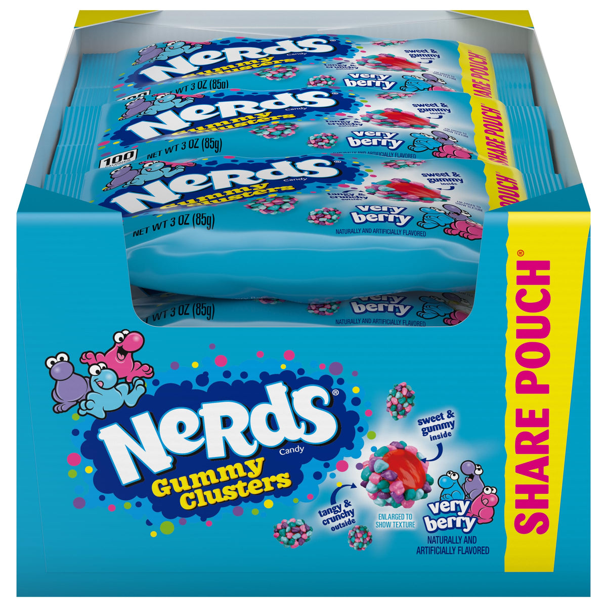 NERDS Gummy Clusters Very Berry pack image showing crunchy shells and chewy centers for sharing