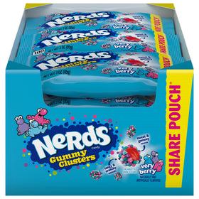 NERDS Gummy Clusters Very Berry pack image showing crunchy shells and chewy centers for sharing