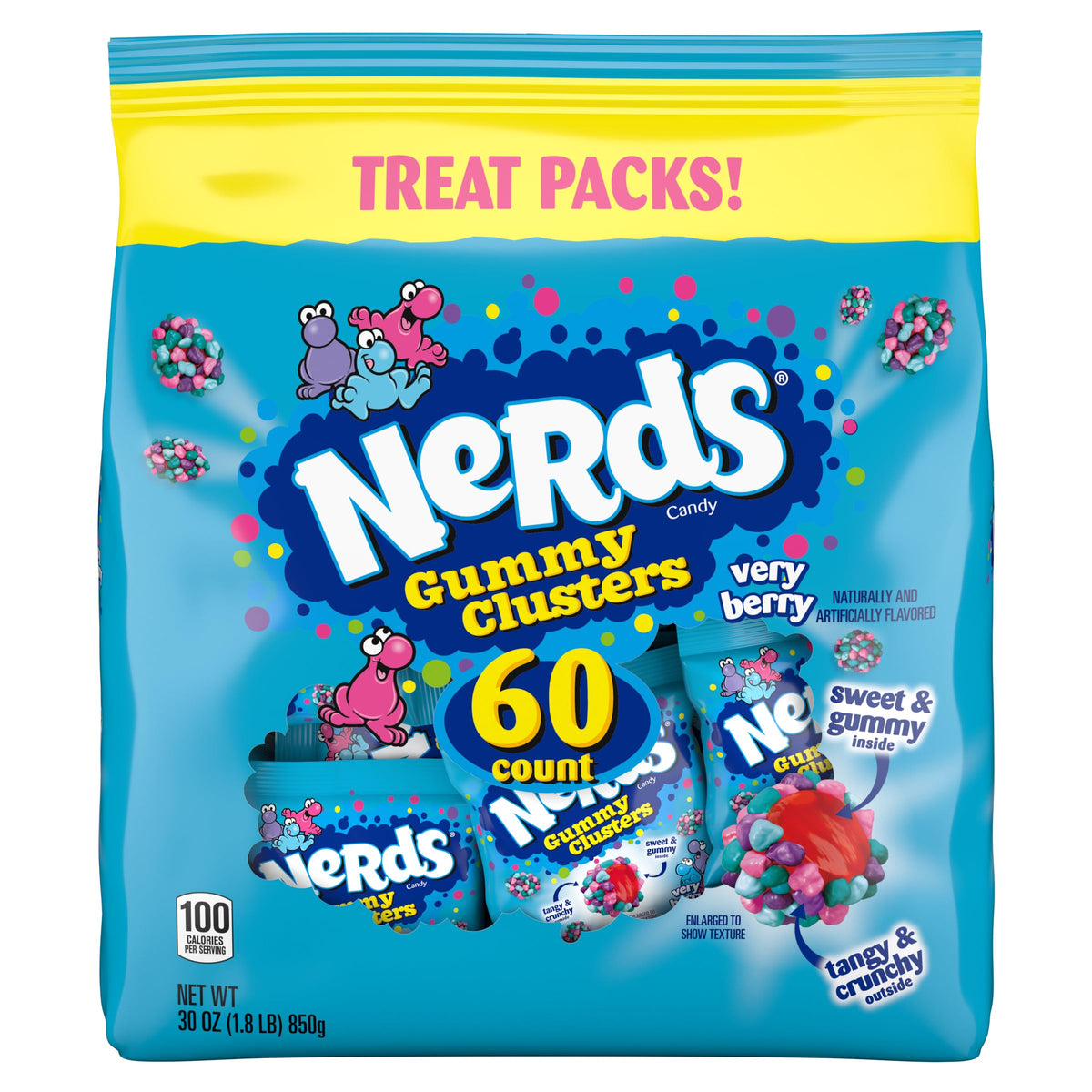 NERDS Gummy Clusters Very Berry packaging shows crunchy shells for a fun snack.
