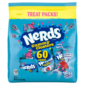 NERDS Gummy Clusters Very Berry packaging shows crunchy shells for a fun snack.