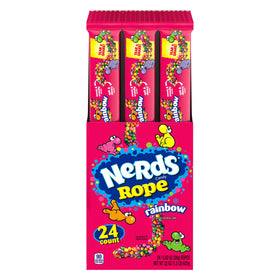 Nerds Rope Rainbow box with 24 packs offers colorful sharing-friendly snacks for parties.