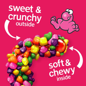 Close-up of NERDS Rope showing crunchy rainbow and berry coating over a chewy center