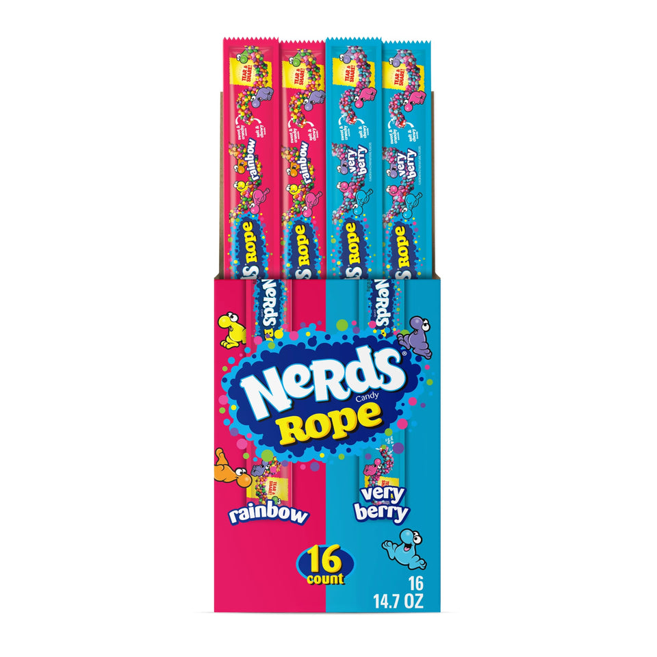 NERDS Rope Rainbow & Very Berry 16-pack on display, ideal for party sharing