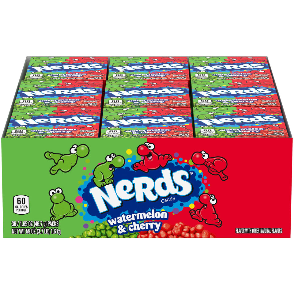 Nerds Watermelon and Wild Cherry boxes show twin flavors for quick snacking.