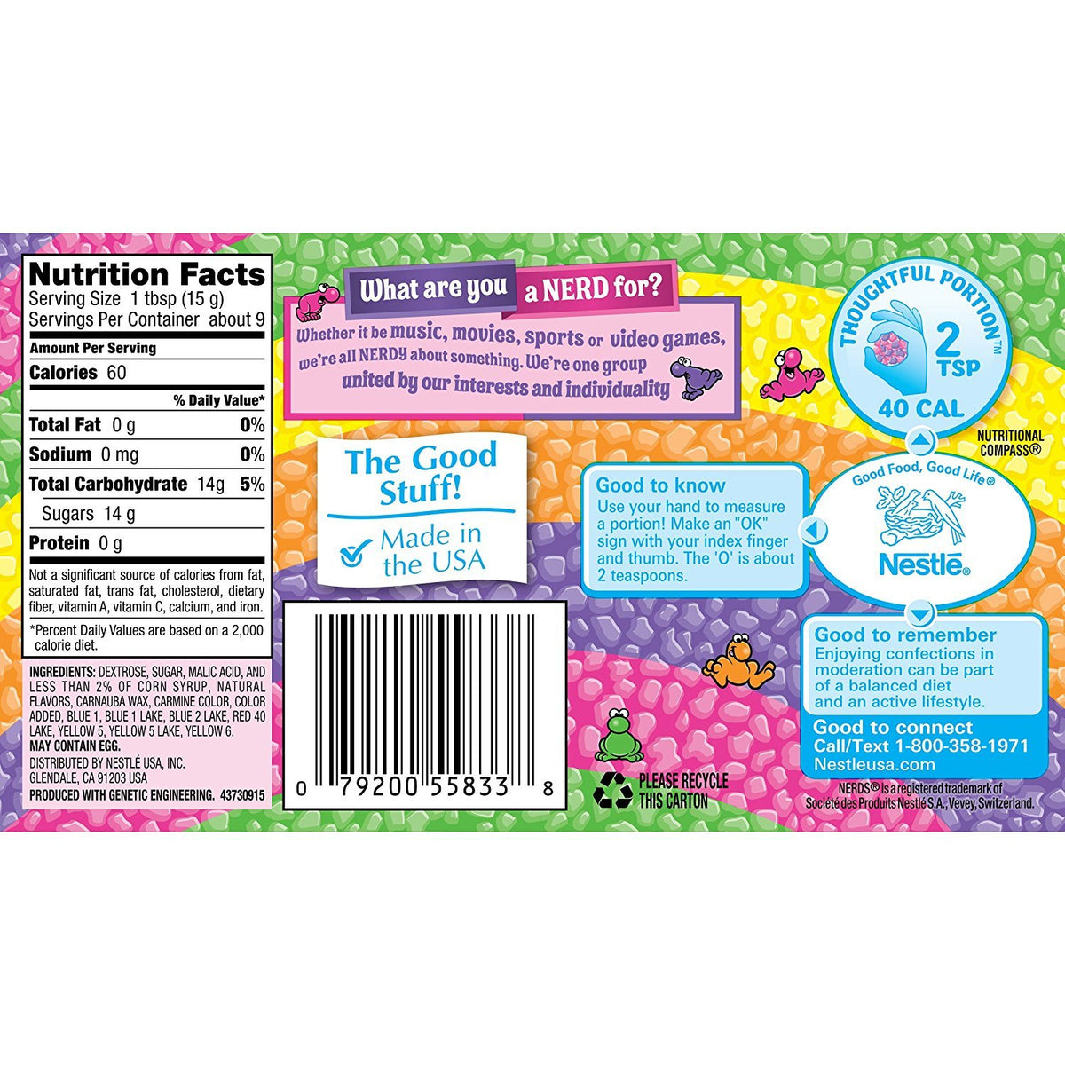 Nerds Wonka Rainbow Nerds box back displays details and 5 oz portions
