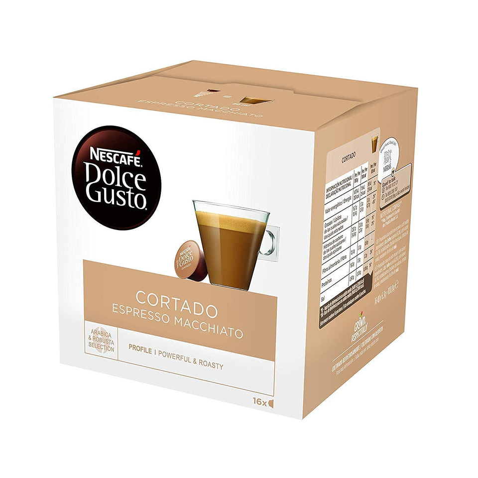 Nescaf Dolce Gusto Cortado Espresso Macchiato capsules with milk froth for a rich, barista-style cup.