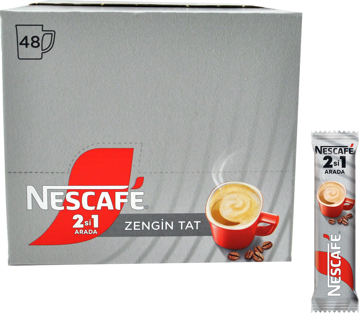 Nescafe 2in1 unsweetened 48-stick pack highlights grab-and-go convenience.