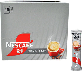 Nescafe 2in1 unsweetened 48-stick pack highlights grab-and-go convenience.