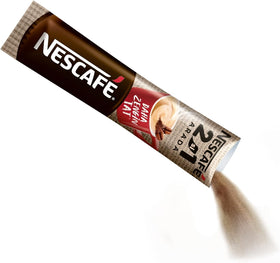 Nescafe 2 in 1 Unsweetened stick dissolving in hot water for a cup.