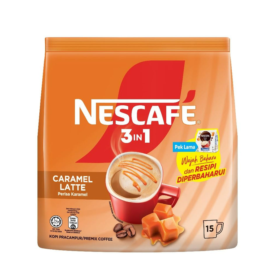 Nescafe 3in1 Caramel Latte stick pack for easy on-the-go coffee.