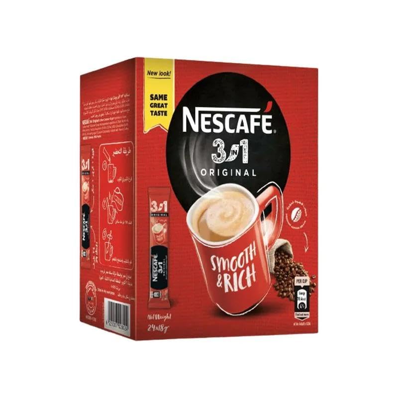 Nescafe 3in1 Original 24x18g pack on a kitchen counter, ideal for quick mornings.