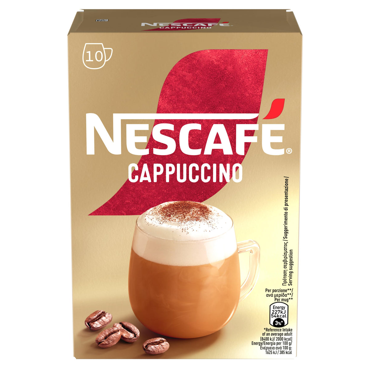 Nescafé Cappuccino 10 Sticks box ready for quick, at-home cappuccinos.
