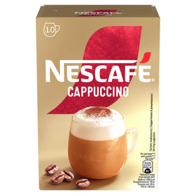 Nescafé Cappuccino 10 Sticks box ready for quick, at-home cappuccinos.