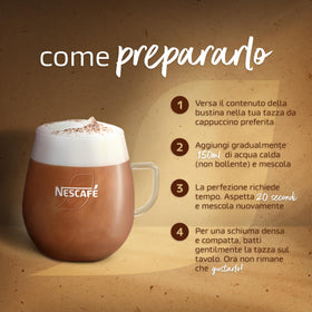 A mug of cappuccino prepared with Nescafé Cappuccino sticks and hot water.