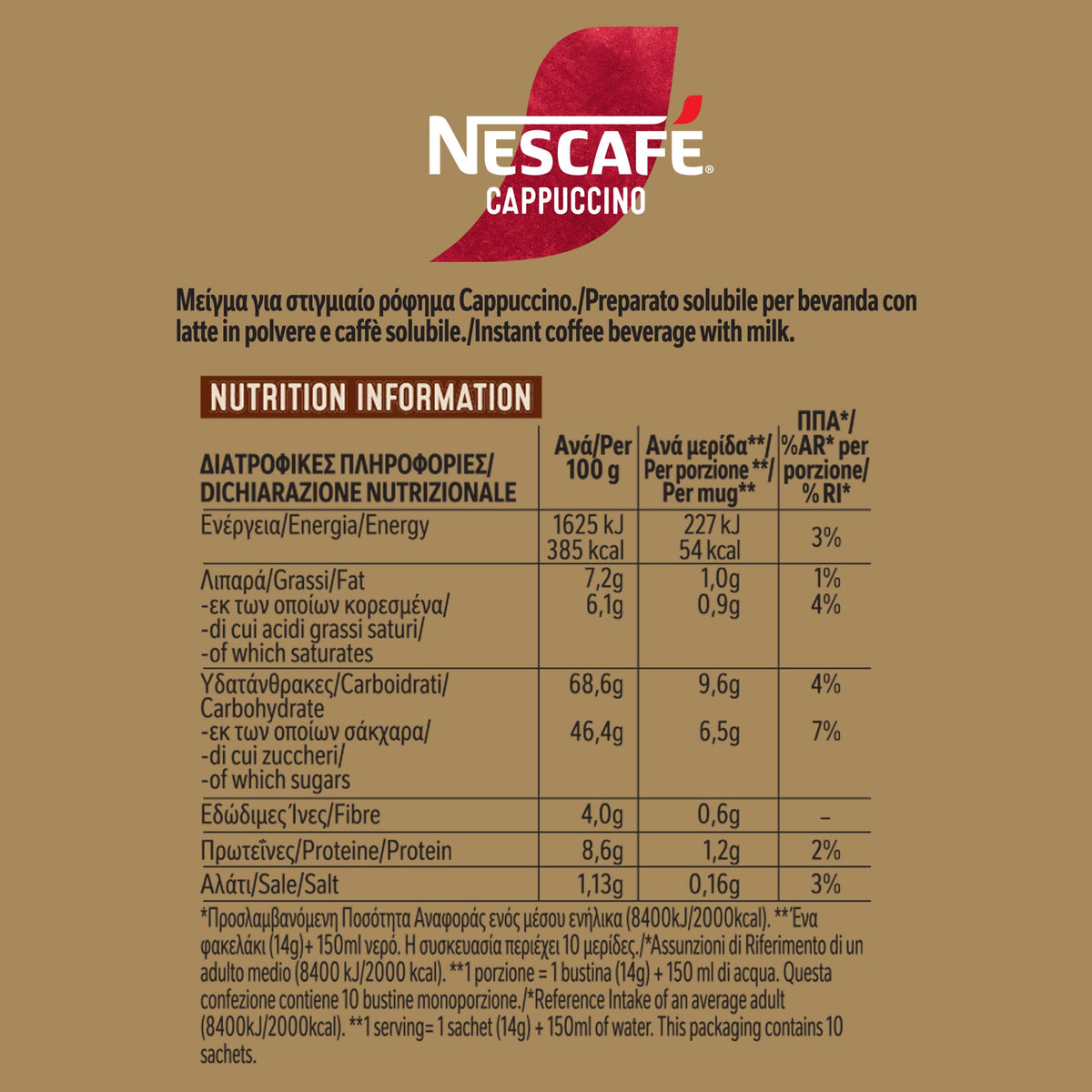 Cup served with Nescafé Cappuccino sticks for a café-style experience.