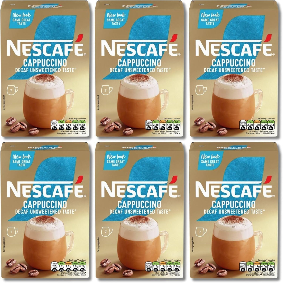 NESCAFÉ Cappuccino Decaf unsweetened sachets close-up for quick café moments at home.