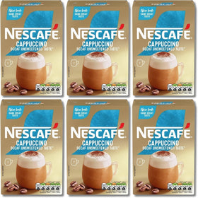 NESCAFÉ Cappuccino Decaf unsweetened sachets close-up for quick café moments at home.