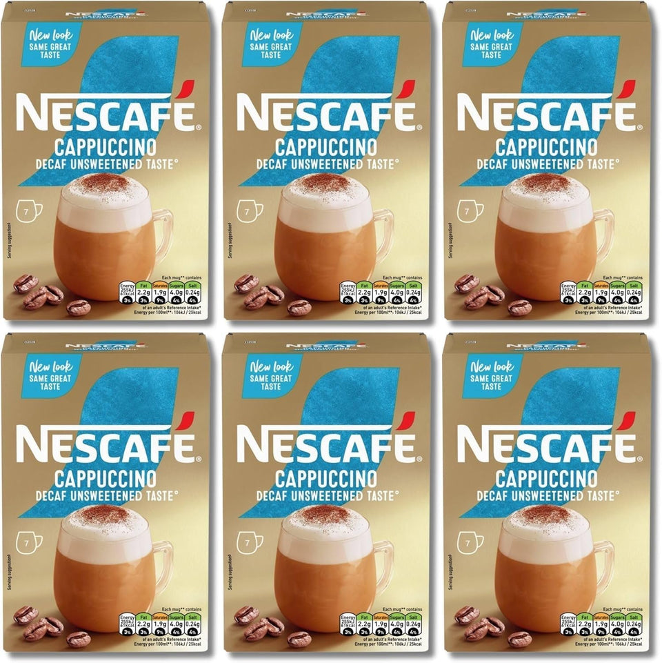 NESCAFÉ Cappuccino Decaf unsweetened sachets close-up for quick café moments at home.