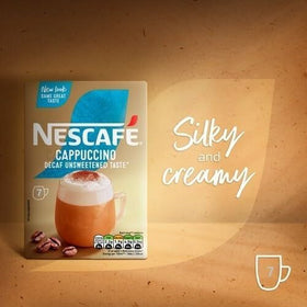 NESCAFÉ Cappuccino Decaf sachets spotlight morning moment with hot water in seconds.