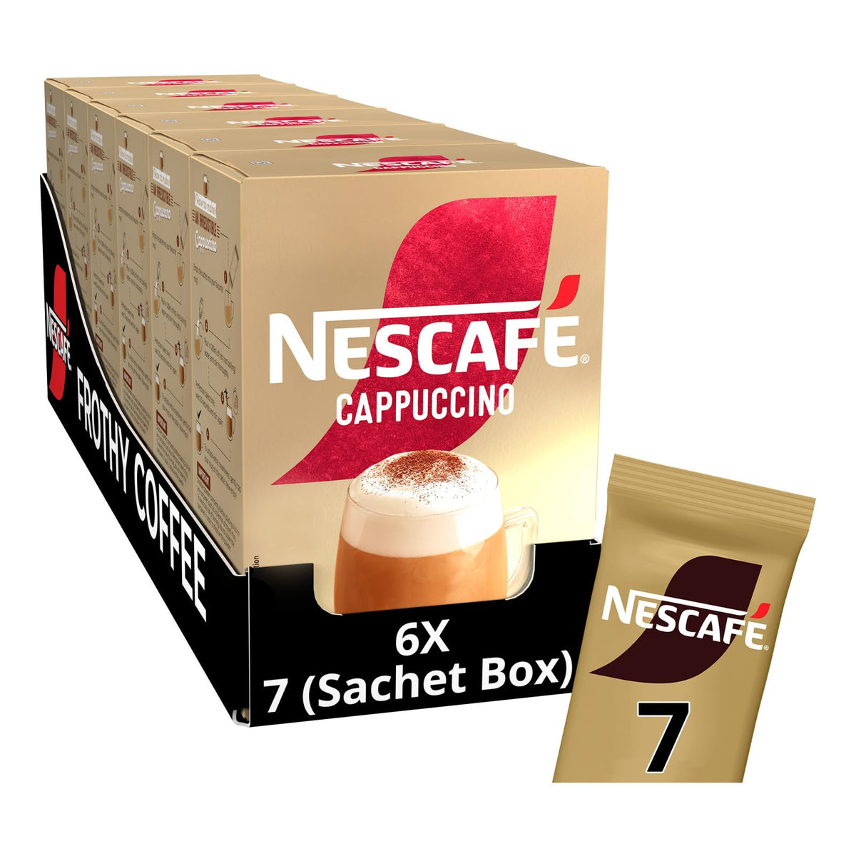NESCAFÉ Cappuccino sachets close-up, showing silky froth for home barista-style drinks.