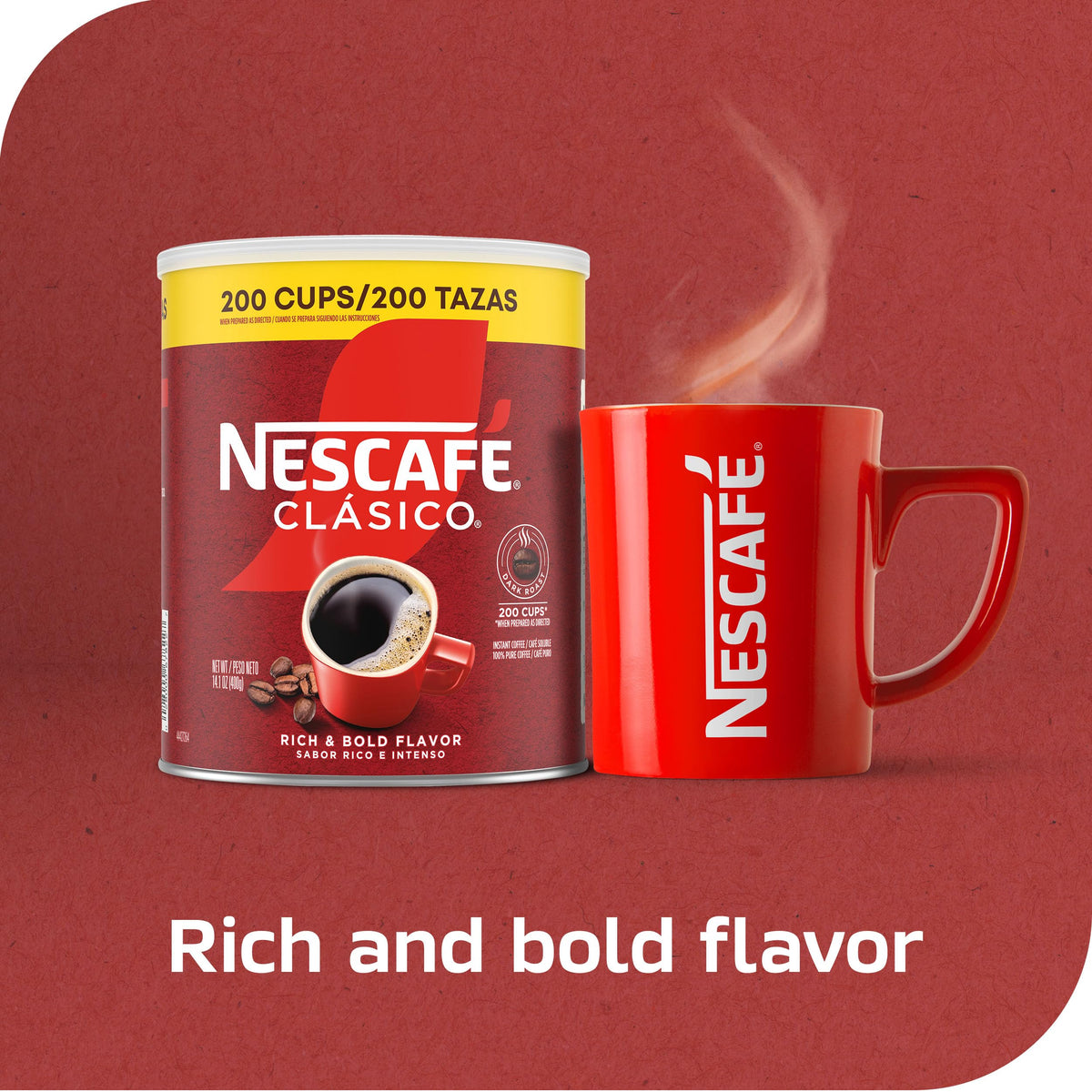NESCAFÉ CLÁSICO dark roast canister back label detailing blend and usage tips.